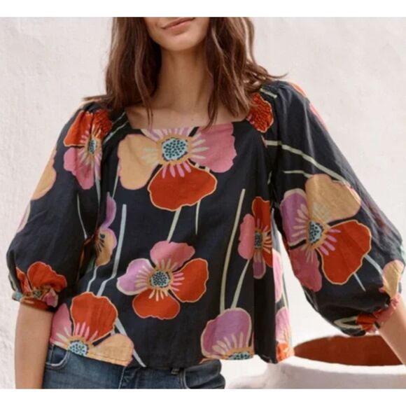 ~ Sm "Velvet by Graham & Spencer" Blouse Floral Puff Sleeve Cotton Silk Lined - Picture 14 of 16